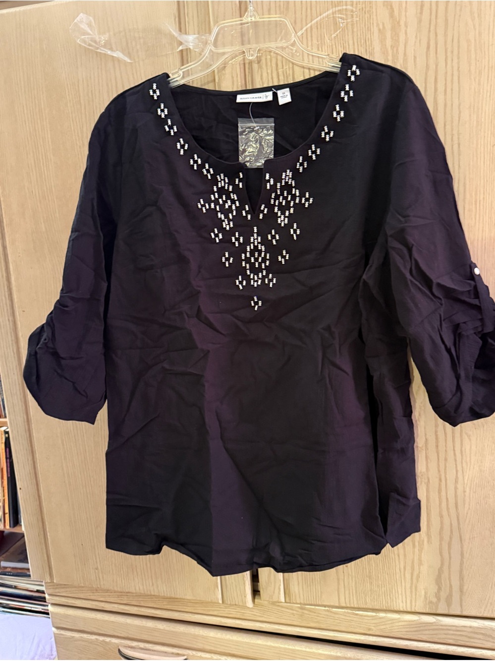 Susan Graver Black Embellished V-Neck Tunic with white designs